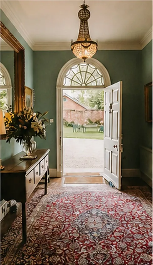 A country house hallway with a sage green wall, fanlight door and antique console table.