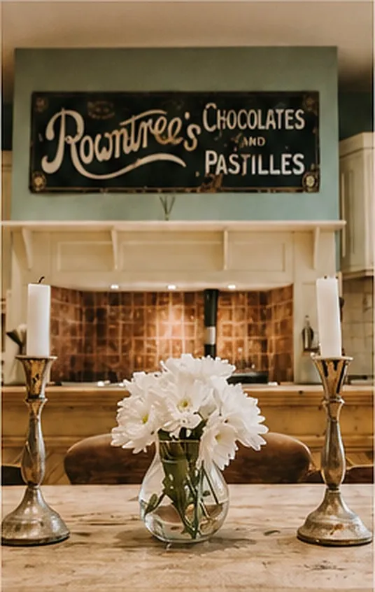 A kitchen table set with white peonies in front of an inglenook fireplace and a vintage enamel sign.