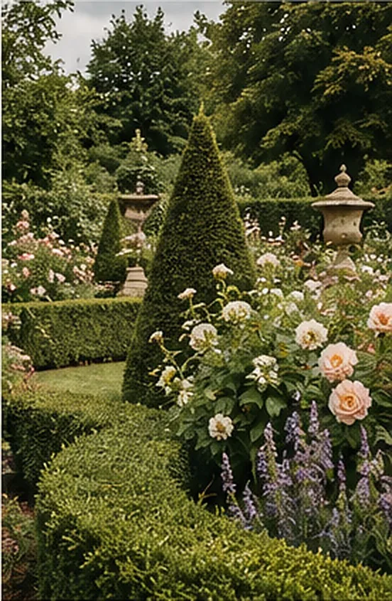 A formal English garden with clipped topiary, box hedging and a rose and salvia border.